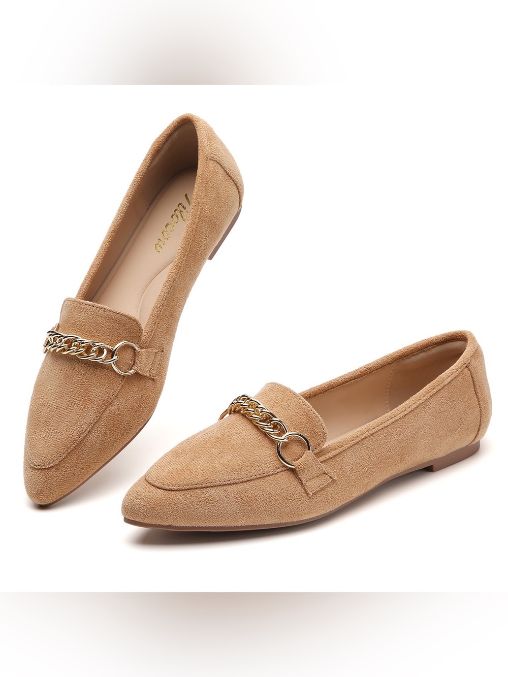 Metal Chain Khaki Loafers For Women Pointed Toe Slip On Flats Shoes Size 10